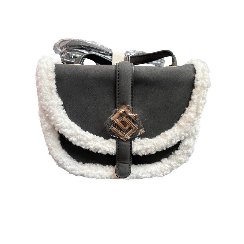 Black Faux Leather Crossbody Bag with White Shearling Trim Gold Logo Clasp NEW